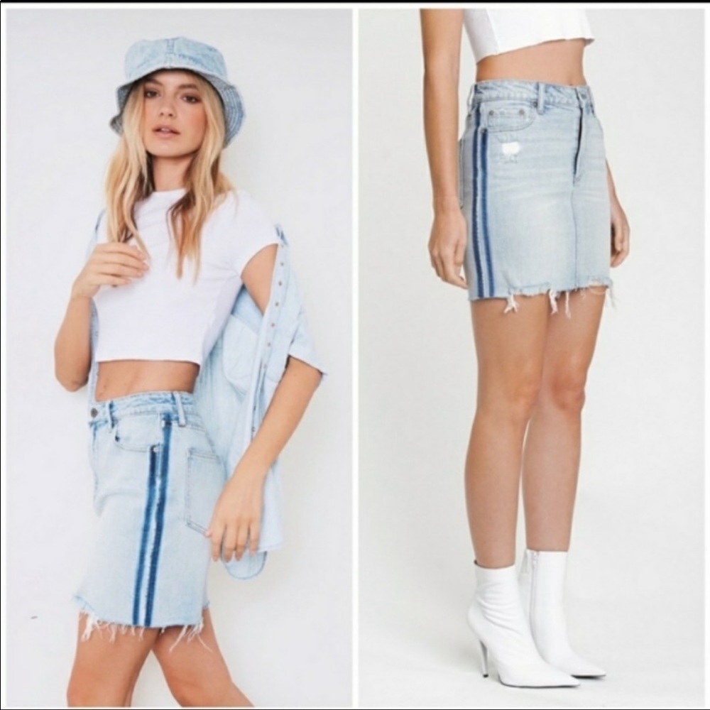 Pistola jean skirt mini Sz.30 Malibu wash stretch raw edge denim side stripes